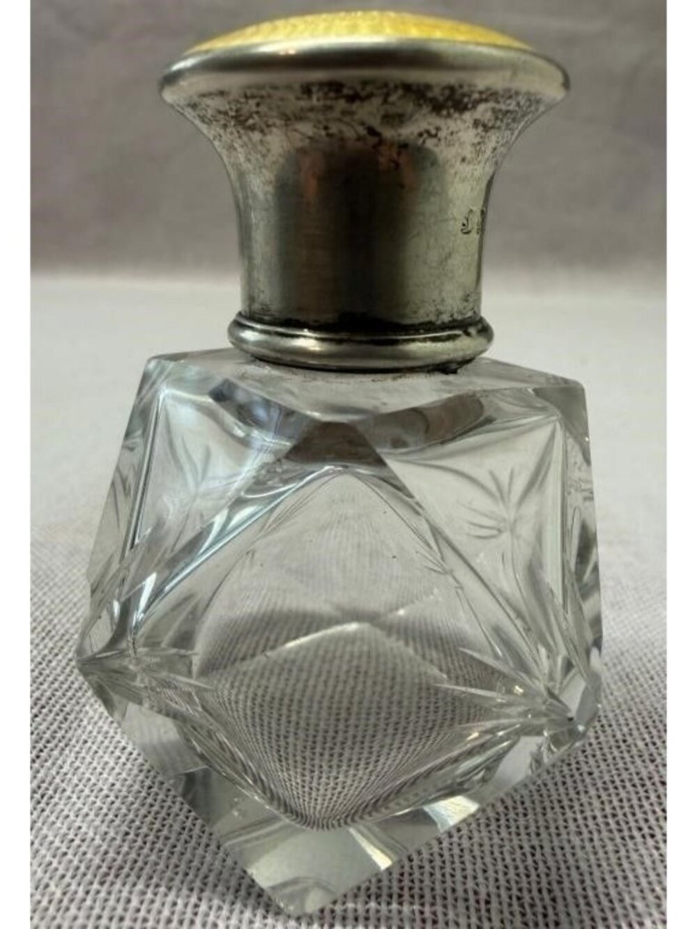 Antique London Sterling Silver Guilloche Enamel Lid Cut Glass Scent Bottle 1919